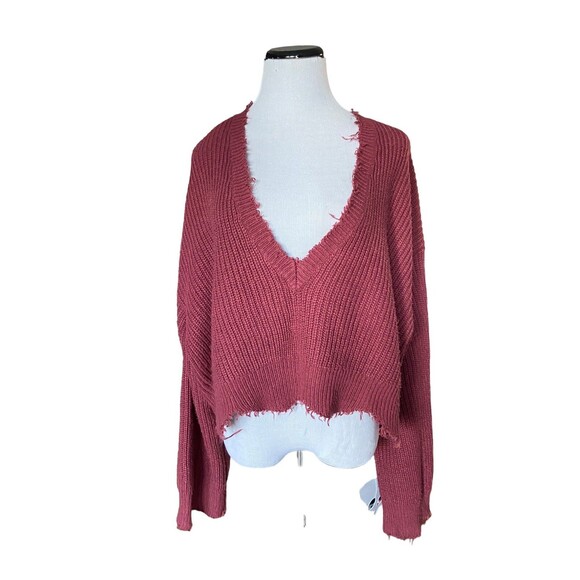 Womens Distressed Oversize Deep V Crop Sweater Size L Maroon Boho Grunge Slouchy - Picture 1 of 13